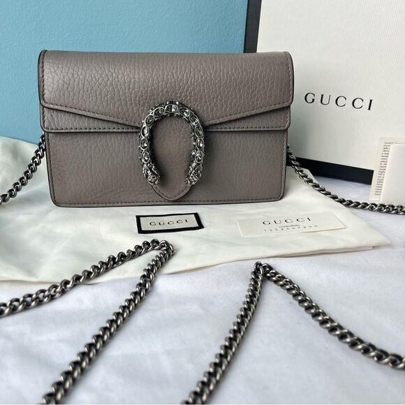 GUCCI Grey Leather Flap Dionysus Mini Chain SoHo Disco Dollar Crossbody + Box - Picture 2 of 14